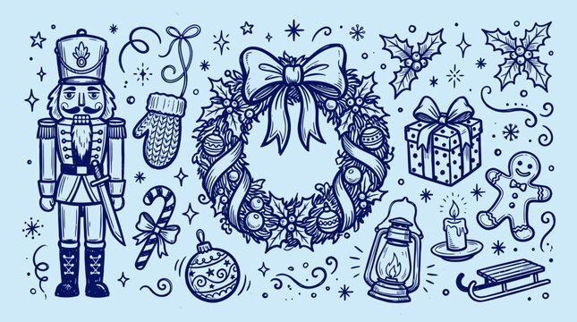 Blue holiday doodle collage featuring nutcracker, wreath, gifts, snowflakes, gingerbread man, lanterns and festive ornaments.