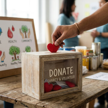Hand Donating Red Heart Into Wooden Charity Box In Community Center