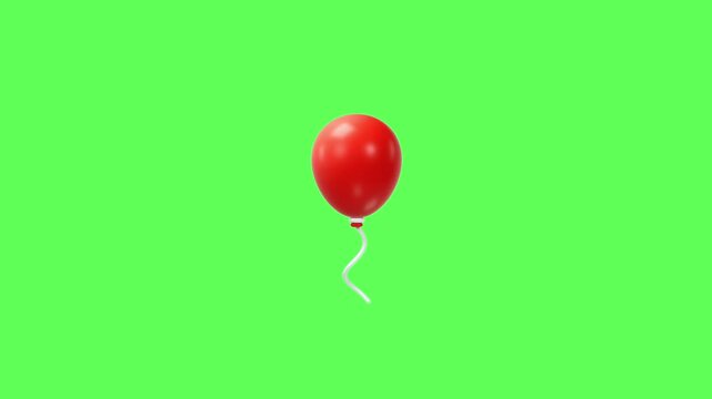 3D animated shiny red balloon floating gently with a white string attached, isolated on a green screen background, perfect for celebrations, parties, and decoration concepts