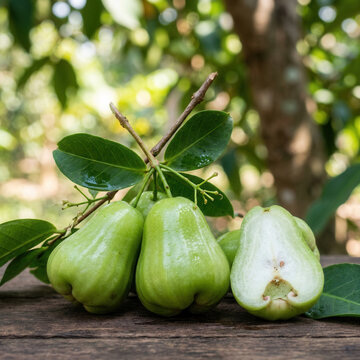 Freshly Picked Green Rose Apples On Rustic Wooden Surface
