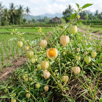 Golden Gooseberry Plant Ripening In Lush Tropical Rice Paddies