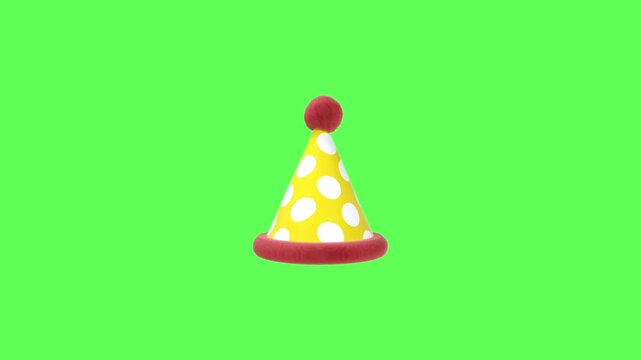 3D animated yellow party hat with white polka dots, a red brim, and a fluffy pom-pom on top, rotating slightly on a green screen background, perfect for celebrations and birthdays