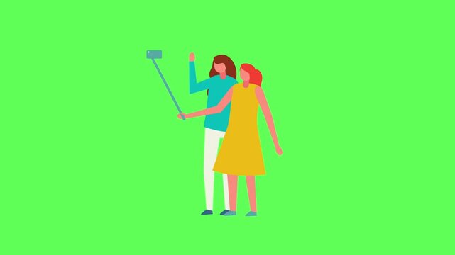 Flat vector animated scene of two women smiling, waving, and taking a selfie together using a selfie stick against a green screen background