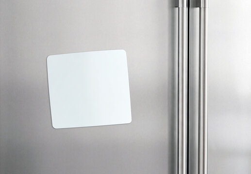 Blank squared sticker mockup on refrigerator door. Generative ai