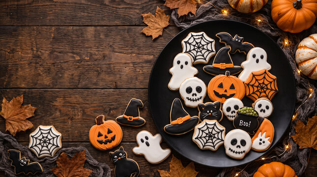 Halloween sugar cookies with pumpkins ghosts black cats spiders and witch hat with space for text