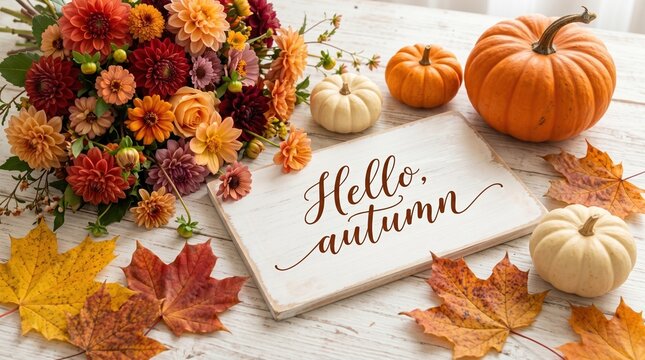 Rustic flat lay with pumpkins, white gourds, bouquet of orange flowers, and fall leaves on wood; sign reads &ldquo;Hello autumn&rdquo; in script