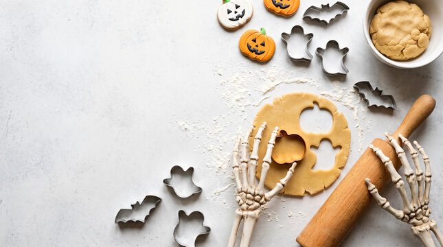 Halloween, a skeleton baking pumpkin- and ghost-shaped cookies, with space for text