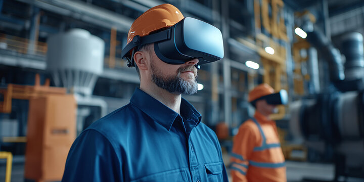 Industrial technicians use virtual reality headset for advanced factory plant equipment maintenance and repair operation inside large manufacturing facility workspace with machinery background and saf