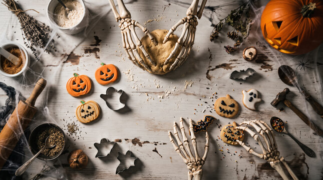 Halloween, a skeleton baking pumpkin- and ghost-shaped cookies