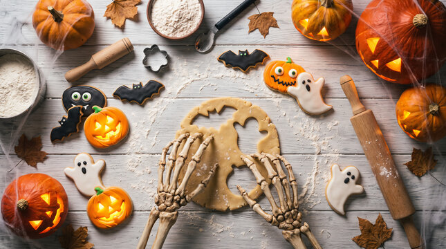 Halloween, a skeleton baking pumpkin- and ghost-shaped cookies