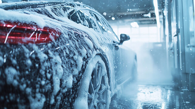 A sleek modern automobile covered in thick soapy foam during an automated car wash process inside a brightly lit facility showing water spray and bubbles creating a dynamic and professional commercial