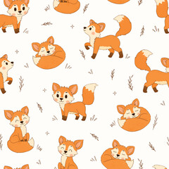 Obraz premium Cute foxes seamless pattern for nursery prints, wallpapers, backgrounds, wrapping papers, textile, stationery, etc. EPS 10