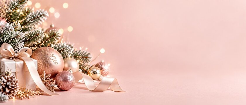 Christmas decorations with gift box and ornaments on pink background