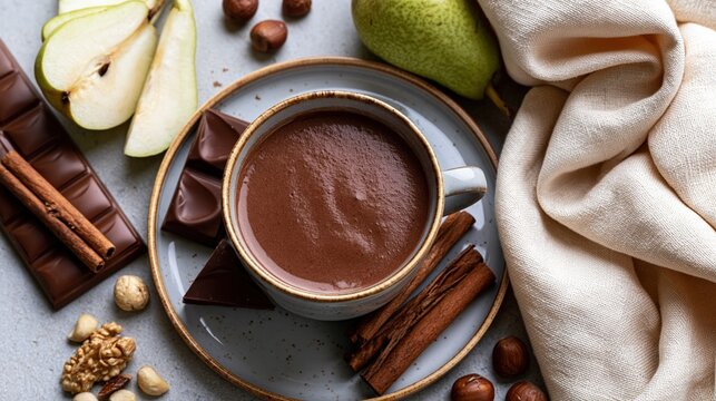 Tasse de chocolat chaud accompagn&eacute;e de cannelle, poires et carr&eacute;s de chocolat noir