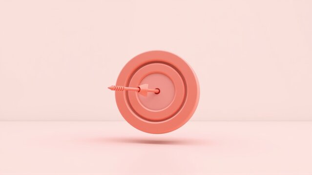 Minimalist pink target with arrow hitting bullseye. Clean studio shot, simple composition, focus on central object.