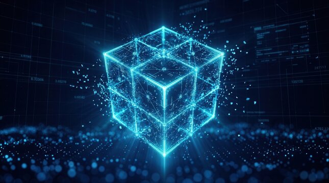 A 3d rendering of a blue digital cube representing blockchain technology and metaverse data connections.