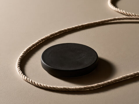 Minimalist design with a matte black circle and beige rope