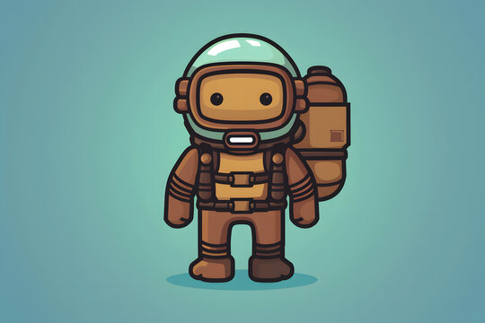 Cute brown cartoon character wearing a vintage deep sea diving suit and oxygen tank.