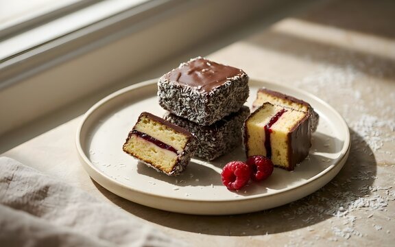 Gourmet Chocolate Lamington Sponge Cakes Filled with Raspberry Jam, Coated in Fine Shredded Coconut, and Served on a Ceramic Plate with Fresh Raspberries
