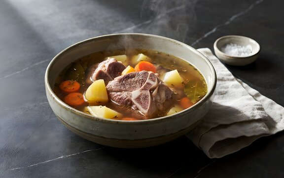 Hot Steaming Hearty Meat Soup with Tender Bone-In Beef, Sliced Carrots, and Potato Chunks Served in a Rustic Ceramic Bowl on a Dark Slate Table