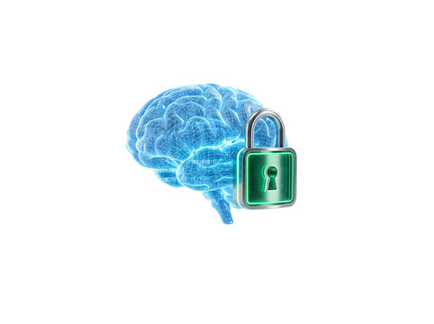 Futuristic AI brain hologram secured by a glowing green digital padlock, symbolizing cybersecurity, machine learning data protection, and neural network safety on a white desk.


