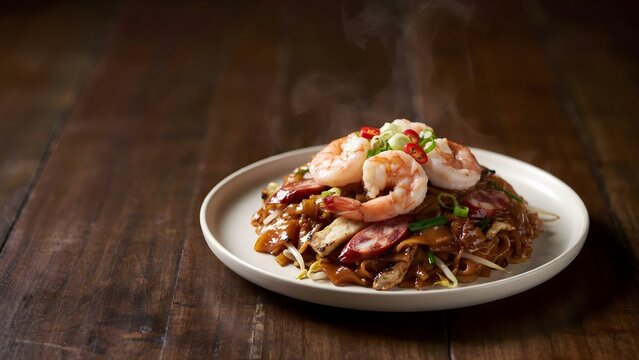Authentic Stir-Fried Char Kway Teow Flat Rice Noodles Top-Garnished with Succulent Prawns, Sliced Sausage, Fish Cake, and Fresh Chilis on a Rustic Wooden Table