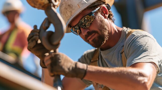 A close-up shot of a male construction worker, wearing a hard hat and sunglasses, carefully handling a heavy metal hook against a bright blue sky. He is focused on his task.