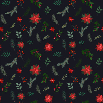Christmas Festive Pattern with Red Poinsettia Flowers and Holly, Fir Tree Branches, Rose Hip Berries on Dark Blue Background. Winter holidays botanical seamless pattern for wrapping paper, textile.