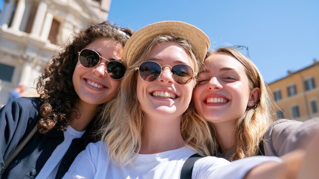 Three young women smiling and taking a selfie during a sunny day trip. They are wearing casual clothes and sunglasses, with a blurred background of buildings and a clear blue sky