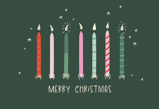 Christmas Candles card design, Hand Drawn Taper Candles Background, great for seasonal greetings