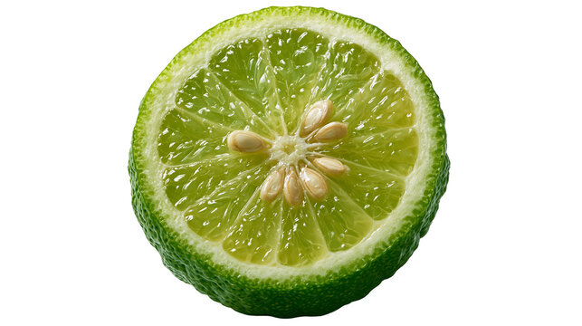 Fresh sliced kaffir lime fruit half with seeds showing textured green peel