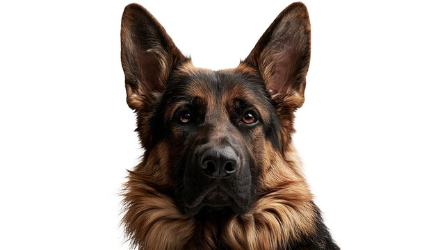 German Shepherd dog head portrait with alert expression and black and tan fur