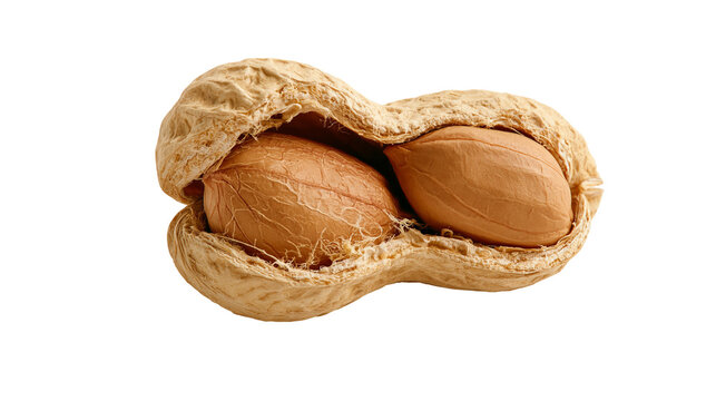 Cracked peanut shell with two raw brown kernels inside