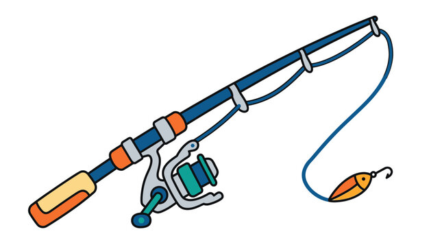 Fishing Rod with Spinning Reel and Lure Vector Illustration