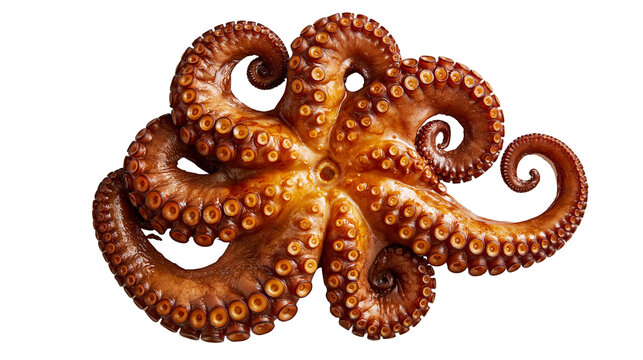 Cooked whole octopus with curled tentacles and visible suckers