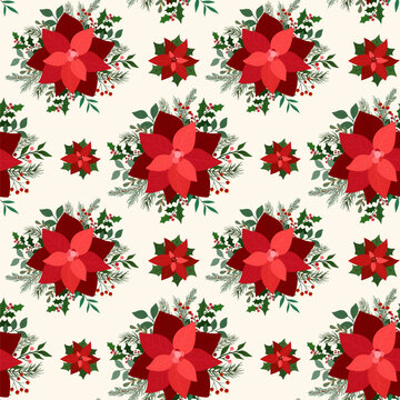 Christmas Poinsettia Seamless Pattern with Festive Botanical Foliage, Holly, Red Berries, Fir Tree Branches. Winter vector floral pattern for wrapping paper, textile, fabrics, cards