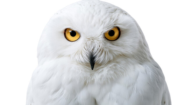 Close up portrait of a majestic snowy owl with bright yellow eyes and white feathers