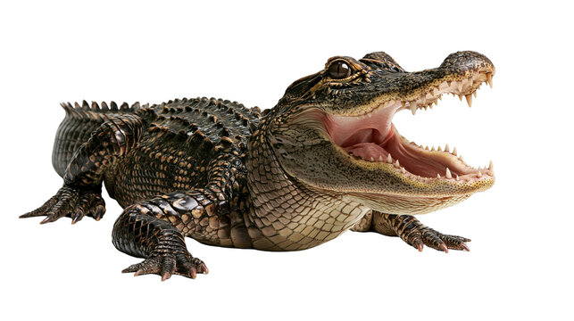 Young American alligator with open mouth showing sharp teeth and textured scales
