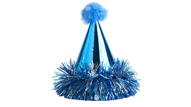 Shiny blue metallic party hat with fluffy pompom and tinsel fringe