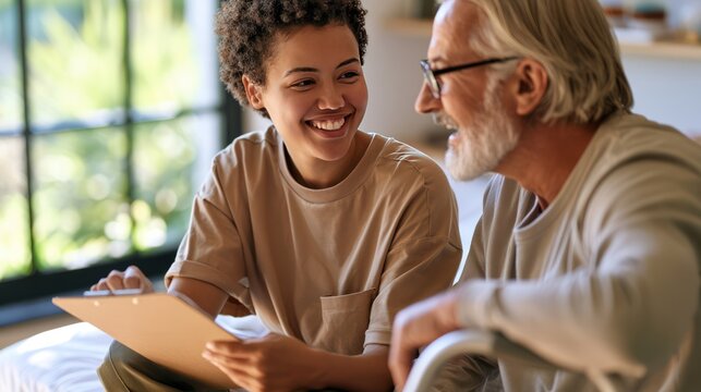 A young caregiver smiles warmly while assisting an elderly man with a clipboard at home. The image conveys care and companionship