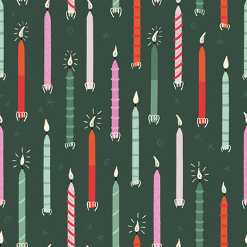Christmas Candles Seamless Pattern, Hand Drawn Taper Candles Background