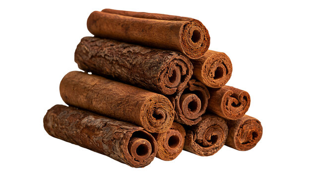 Stacked aromatic cinnamon sticks with rough textured bark