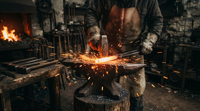 Blacksmith hammering a glowing hot metal bar on an iron anvil, sparks flying in a dark workshop with a coal forge fire in the background