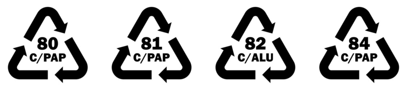 Packaging, recycling, identification, codes and symbols including 80 C/PAP, 81 C/PAP, 82 C/ALU and 84 C/PAP for material labeling and waste sorting. Vector illustration