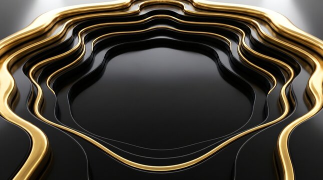 Luxury black obsidian gold graben rift valley topography relief map, symmetrical fault scarp terraces with sunken mirror pool and molten gold rims for private wealth management investment banner