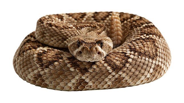 Coiled brown rattlesnake with patterned scales and rattle on tail