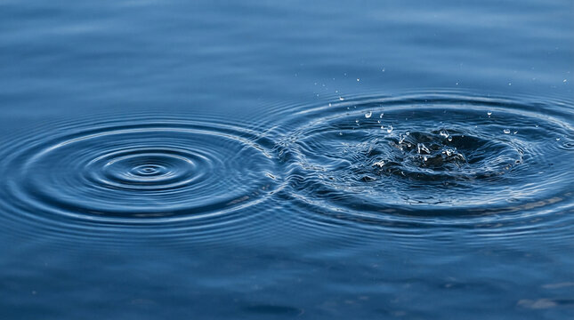 Concentric ripples and a splashing water disturbance colliding on a deep blue liquid surface, creating circular wave patterns and small droplets