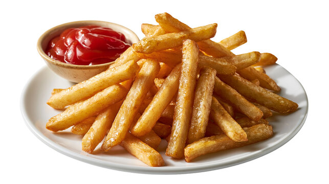 Golden crispy french fries on a white plate with a small bowl of red ketchup