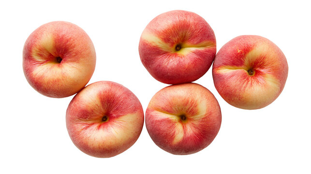 Five fresh ripe donut peaches with red and yellow skin
