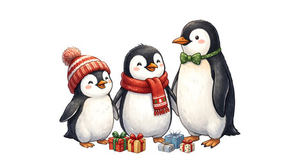 Obraz premium Three cute penguins with winter accessories and christmas gifts isolated on transparent background